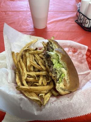 Mushroom & Swiss Cheese Burger with fries (partially eaten) YUM