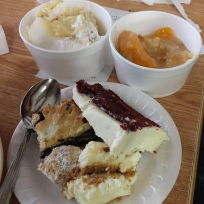 Banana pudding, peach cobbler, cheese cake, red velvet cake AND SOME OTHER STUFF.