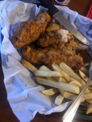 Hand breaded chicken fingers and fries. Delicious!