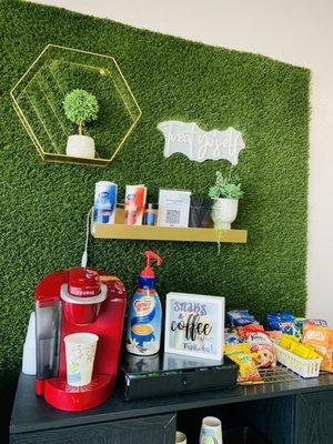 A cute coffee and snack bar if customers would like to contribute to the "snacks & coffee" fund either via cash or through the QR code :) !