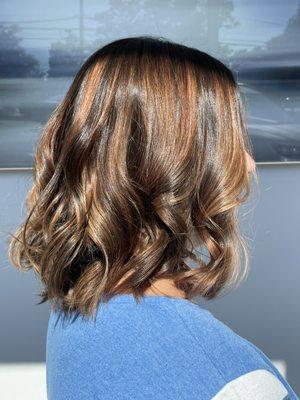 Fall hair color balayage, freehand hair painting, gloss, blowout with curls