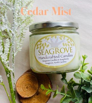 Cedar Mist 12 oz jar candle. One of our favorites. Soft scent with hints of cedar and summer mist.