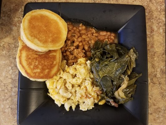 Baked Beans, Mac and Cheese, Greens, and Corn Bread