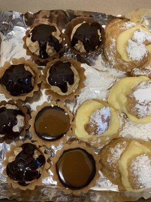 Peanut butter cup tarts, caramel tarts and cream puffs