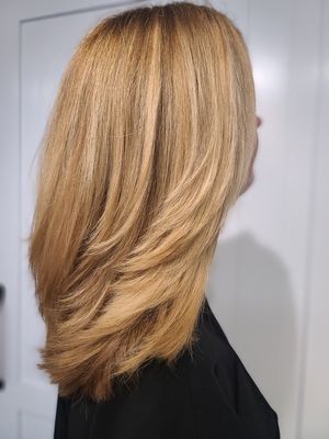 Root color touch up, balayage Highlight, haircut + blow-dry style.