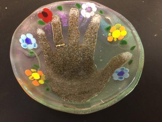 Create a Handprint
 Memory in Fused Glass. 
 Great gift for Grandparents Day, Mother's Day or Fathers Day. Call for details.