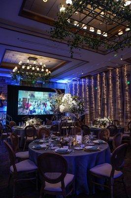 Large screen projection, staging, uplighting, pin spots