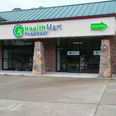 The outside of our pharmacy. We offer a drive-thru for your convenience!