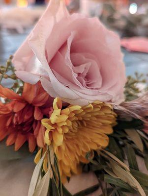 Close up of floral piece that sat on our cakes which doubled as centerpieces!