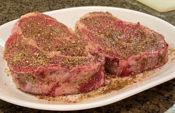 Beautiful ribeyes hand cut by the best butcher, Tim Queen.