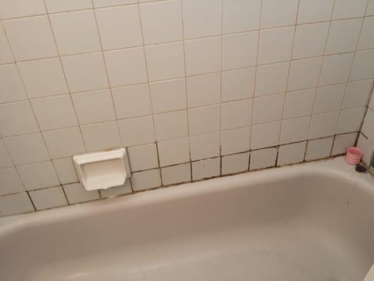 Mildew was supposed to be cleaned-replaced. Was in this condition @  move in, now he claims never said hed fix it. Bath anyone?