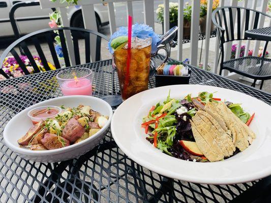 Enjoying a Back Yard Chicken Salad with Roasted Potatoes on the side. With Iced Tea. At the outdoor patio seating area.