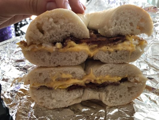 Bacon egg and cheese on a plain bagel