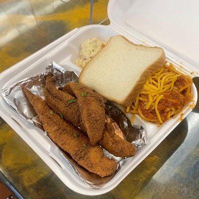 I'm from Memphis Mane(catfish, spaghetti, coleslaw, light bread)