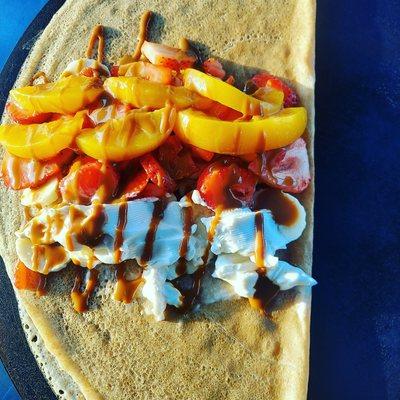 Cream cheese peach and dulce de leche crepe