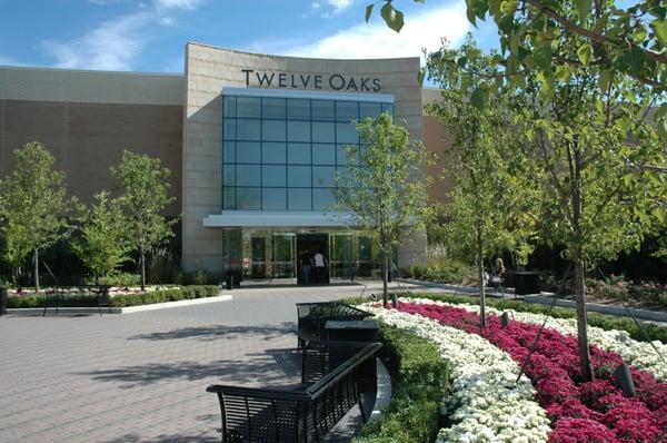 Twelve Oaks Mall in Novi Michigan. Commercial development with sitting area and landscape full architecture and maintenance