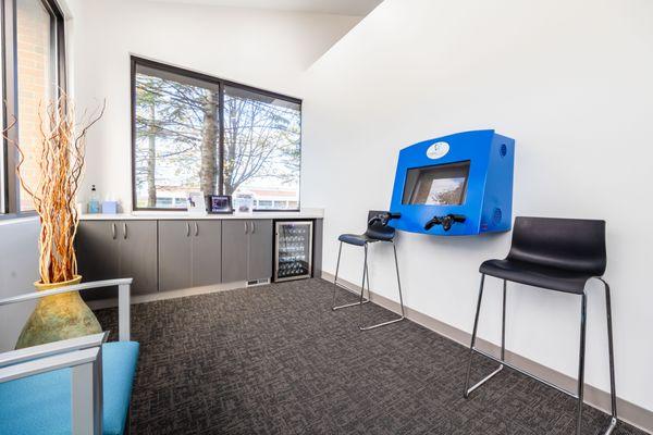 Reception Area. Video games for children and bottled water for guests.