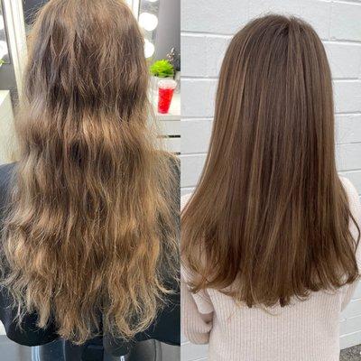 Before and after - blunt cut with warm/natural balayage