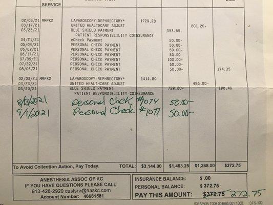 Record of payments to anesthesia associates of KC