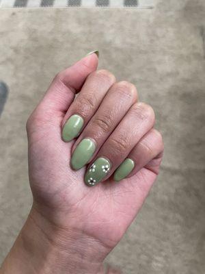 Sage green nails with simple white flowers