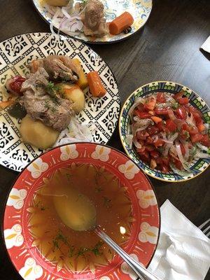 Delicious soup soup, broth add-ins on the left. Refreshing Suma Salad to the right