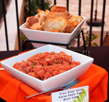 Tuna Poke with Fresh Fried Taro Root Chips at Luau Celebration