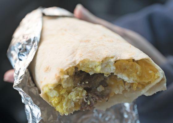 Fajita, egg, and cheese breakfast burrito