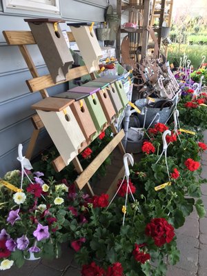 Hanging baskets and bird houses