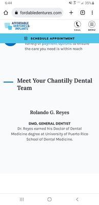 This is a picture of the Afordable Denture Chantilly website describing Dr Reyes' credentials.