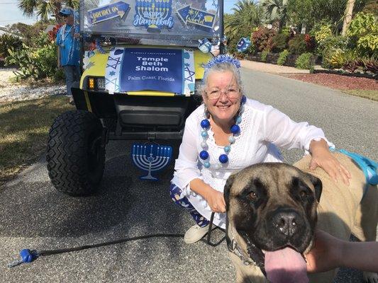 2021 Holiday at the Beach parade, with TBS golf cart float (Rabbi Rose with her dog, Lailah)