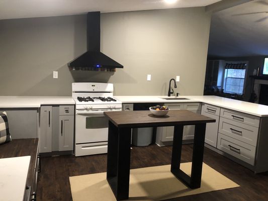 Classical white quarts countertops, gray shaker cabinets, matte black faucet and drawer pulls