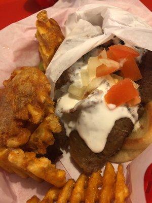 Gyros and lattice (waffle) fries.