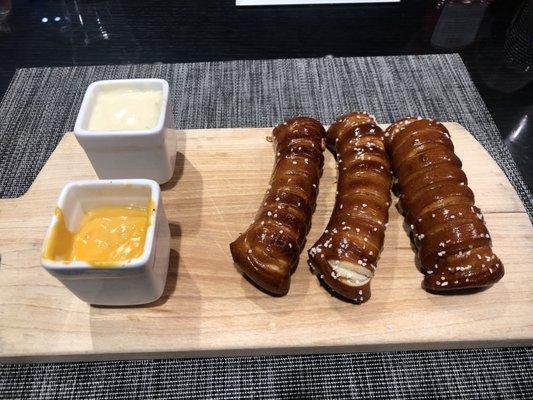 Sea salt pretzel sticks with two different cheese sauces. Super delicious!