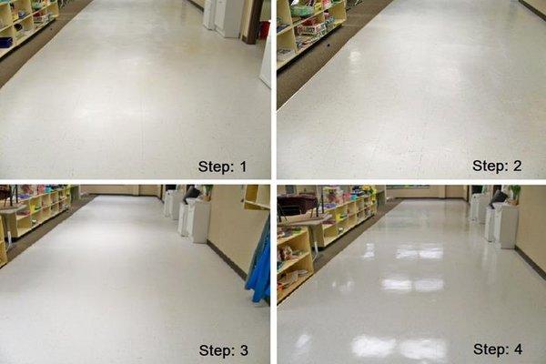 Amy's Carpet Care strips and waxes VCT tile floors.