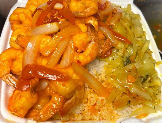 Sauteed Shrimp with White Rice & Steamed Cabbage (spicy or mild)