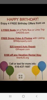 Free seat for party planner and birthday person 4 hour per person $30 plus tips.
Min paid seats required.