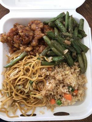 Half and half with Lo Mein and Fried Rice with String Beans Chicken and Orange Chicken