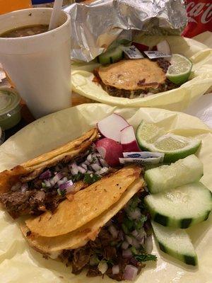 Quesabirria tacos, mulita, consomé (size small)