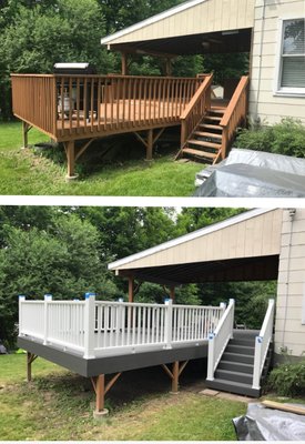 Before and after pictures of a wooden deck repaired with Trex.