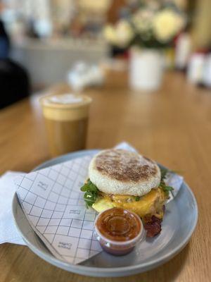 Sweetheart breakfast sandwich and a cardamom coconut milk latte. So good!