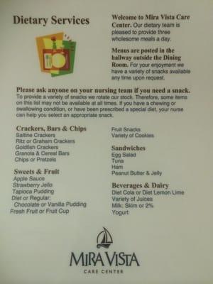 Snack menu for patients