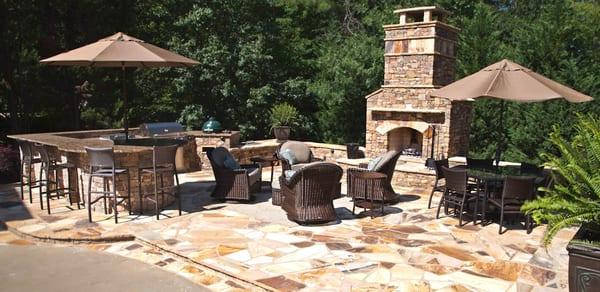 Flagstone patio, Stacked stone fireplace