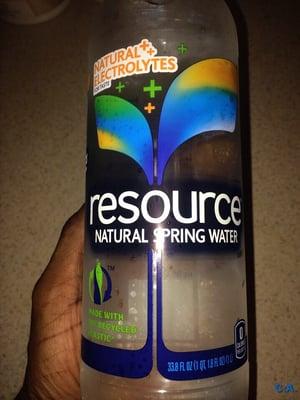 NEW! Resource Spring Water with natural electrolytes. The bottle is made from 50% recycled plastic. It was on sale 2/$3 Why not?