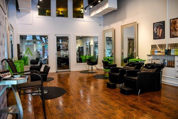 The chic, clean salon area at Breeze Salon and Day Spa, the best salon and spa in Round Rock, featuring Aveda salon and spa services.