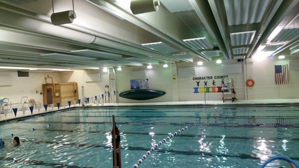 The ymca has a heated pool and a new sauna. They offer swim lessons for all ages.