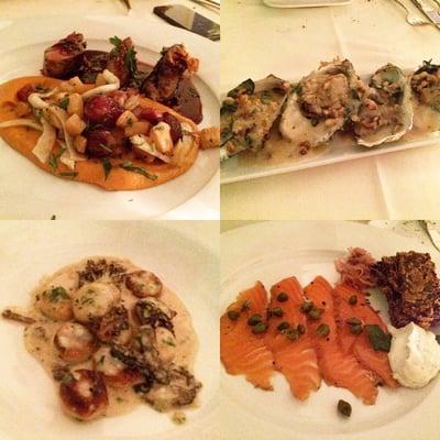 Duck, oysters, Gnocchi, and salmon