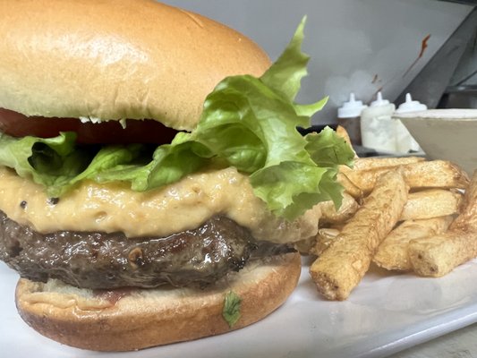 Beer cheeseburger and homemade fries.