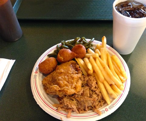 Pulled pork combo plate with fried chicken!