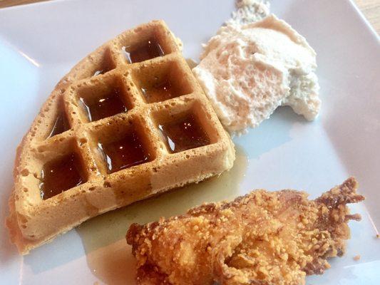 Some of their food in the buffet, chicken and waffle