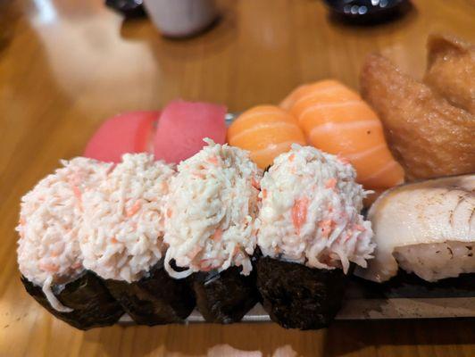 Sushi is cut nice and thick (and fresh), good balance of fish and rice, packed crab salad, tasty tofu pouches!